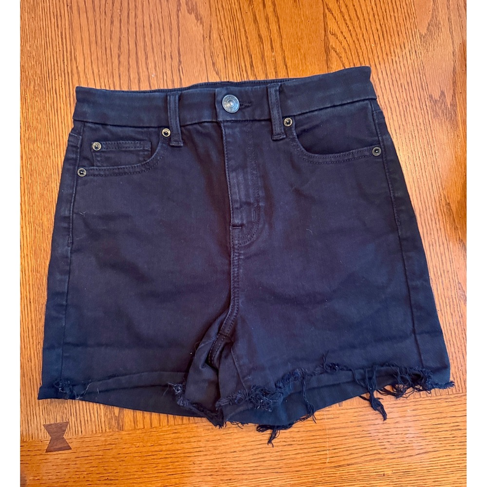 American Eagle Denim Shorts 2 Black High Rise Raw Hem Distressed Stretch Grunge